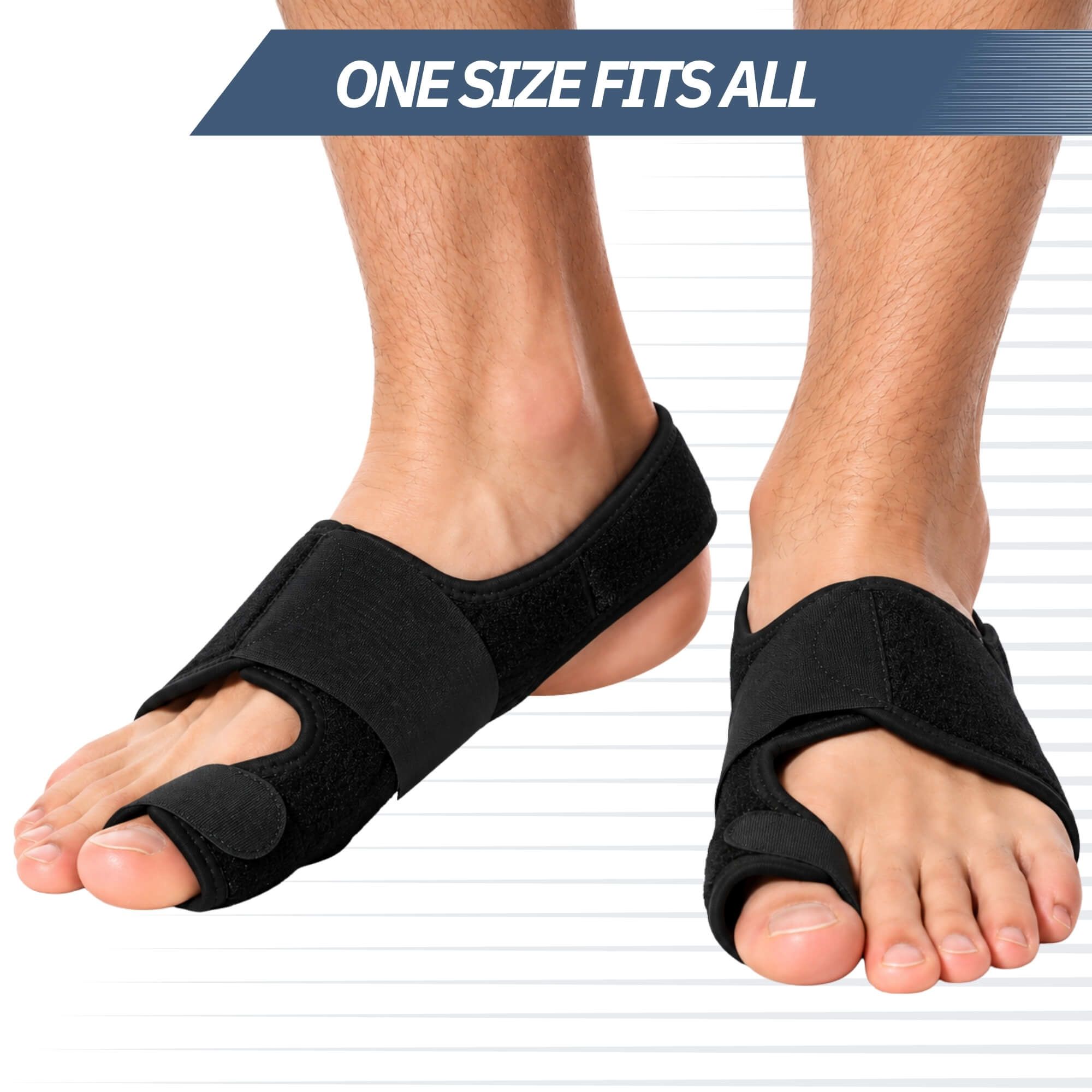 Zwarte hallux valgus spalk met klittenband, ondersteunt herstel.