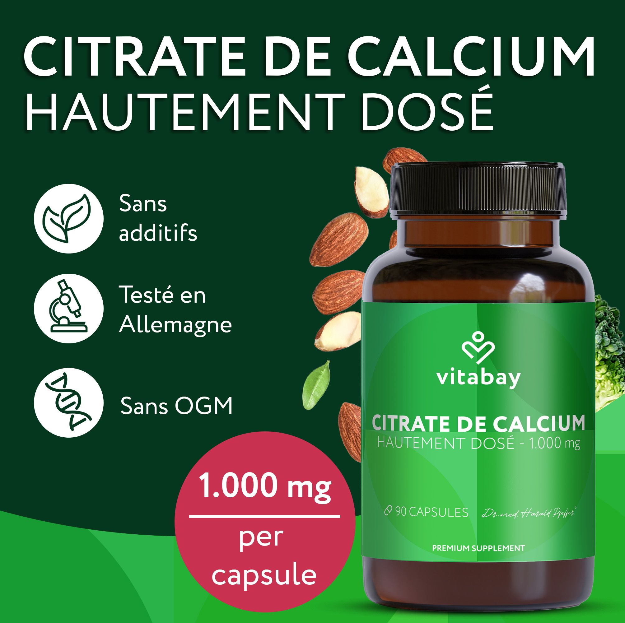 Vitabay Citrate de Calcium Haute Dose 1000 mg, 90 gélules. Sans additifs, testé en Allemagne, sans OGM.