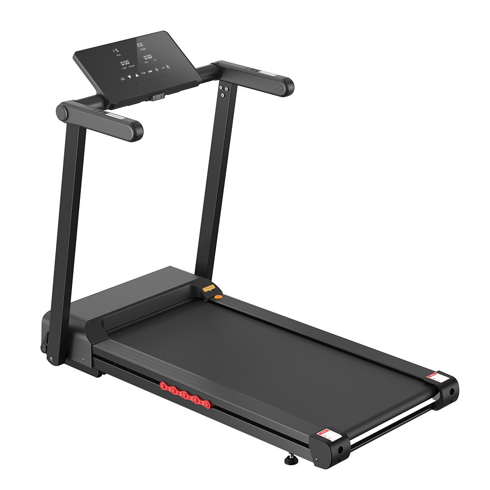 Tapis de course noir pliable. Console avec écran et commandes. Accents rouges.