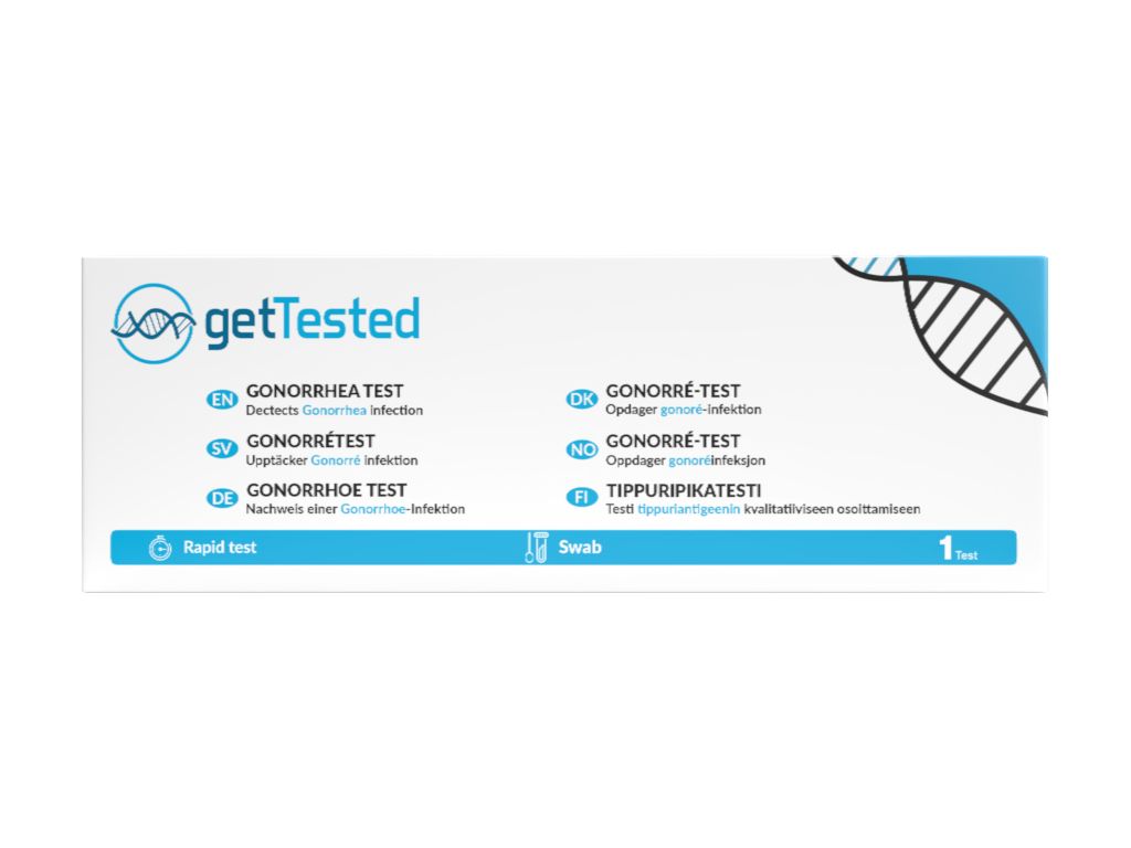 Doos met productinformatie. Bevat tekst in verschillende talen, waaronder Duits, Engels en Frans. Merk: GetTested.