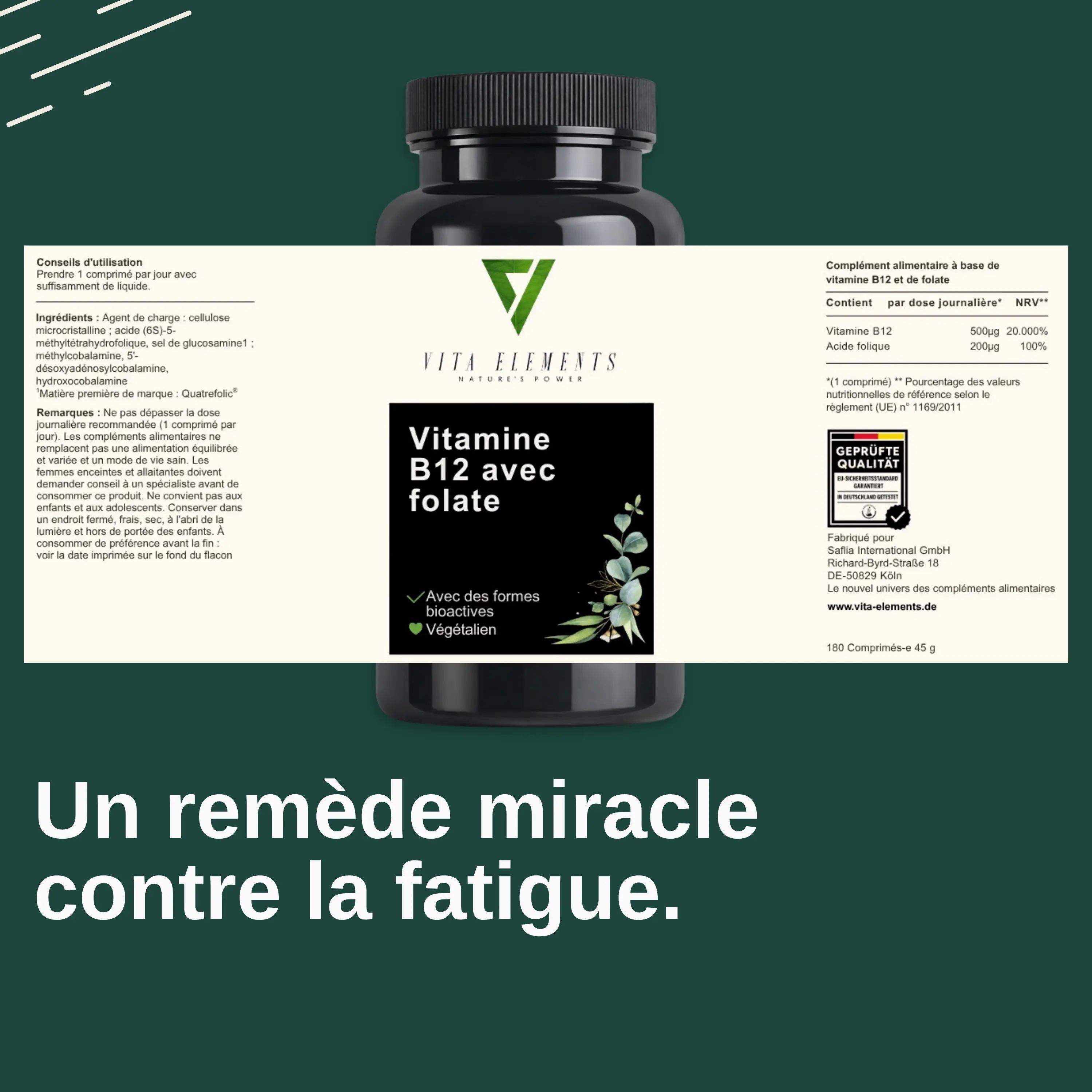 Arrière du pot Vita Elements Vitamine B12 avec informations nutritionnelles et sceau.