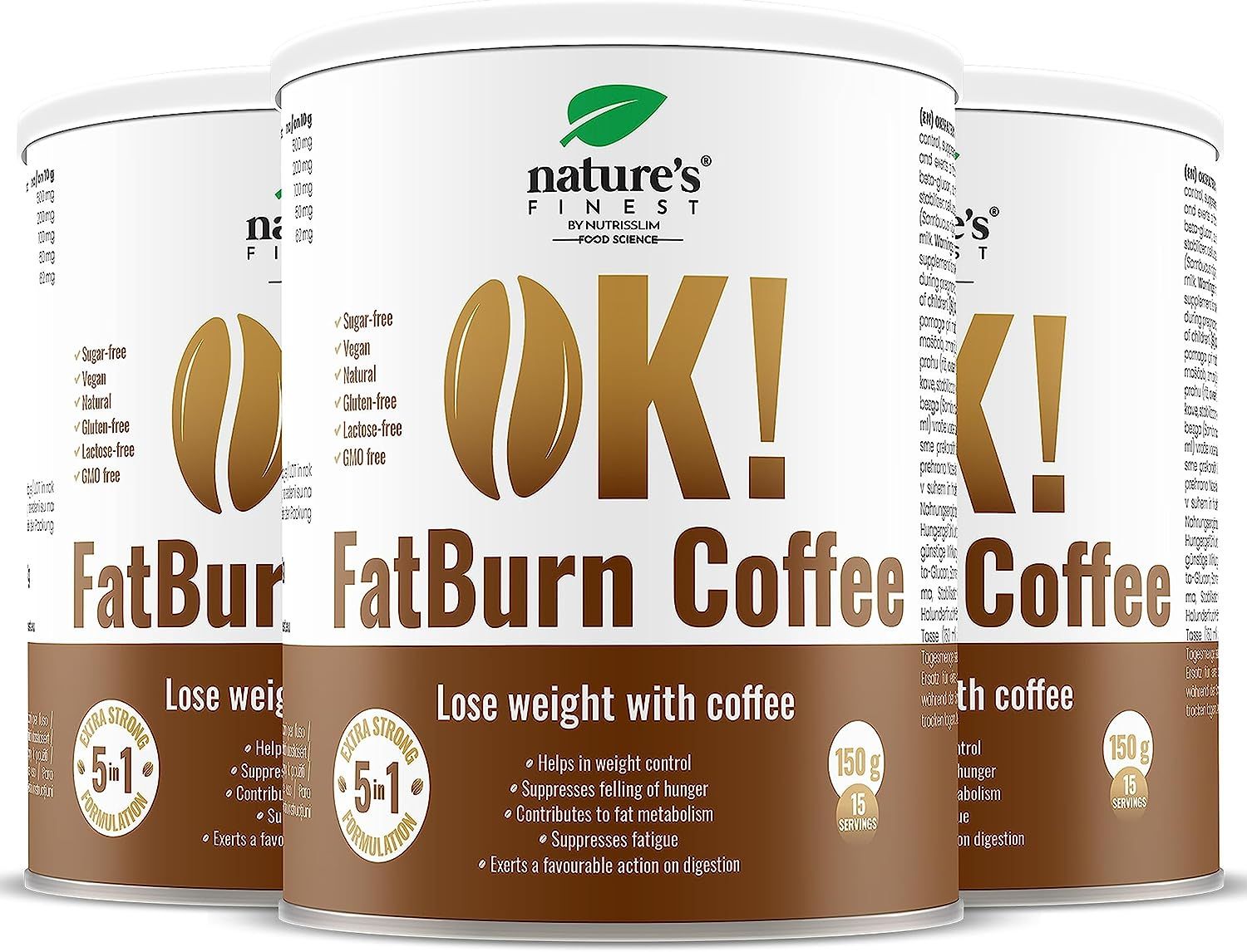 Trois boîtes de Nature's Finest OK! FatBurn Coffee. Étiquette blanche avec accents marron. Nom du produit et logo visibles.