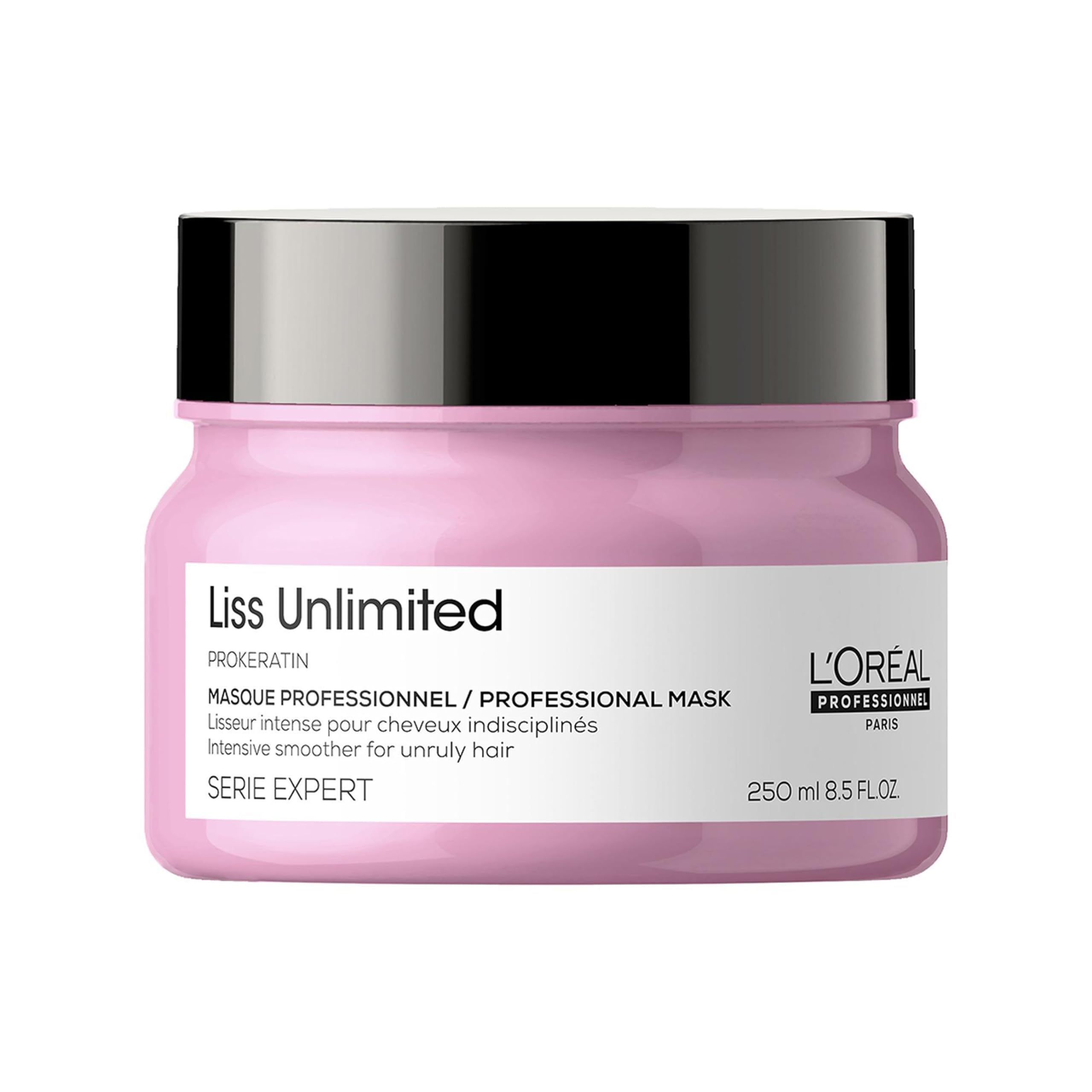 Roze pot met zwarte deksel. Opschrift: Liss Unlimited, Masque Professionnel, 250 ml, L'Oréal.