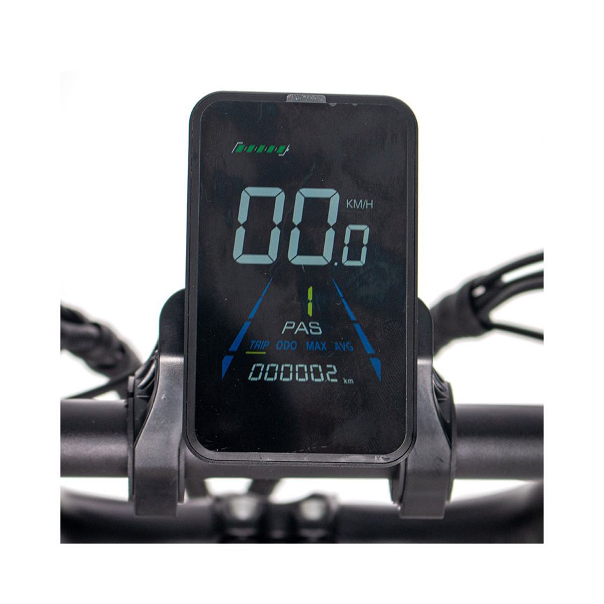Digitaal display met snelheidsaanduiding, KMH, PAS en kilometerstand. Zwart frame.