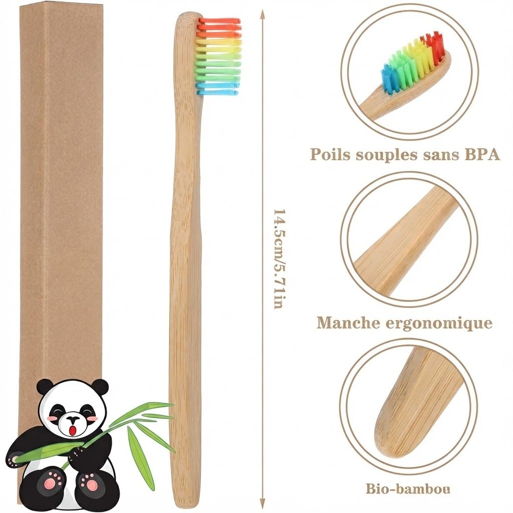 Brosse à dents en bambou avec poils multicolores, manche ergonomique et emballage en carton.