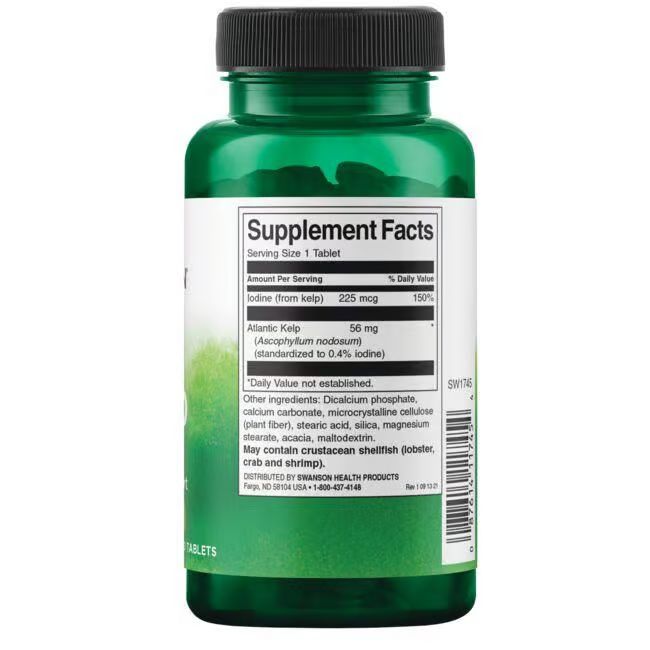 Achterkant van de groene fles. Bevat voedingsinformatie over jodium uit kelp. Bevat ook ingrediënten.