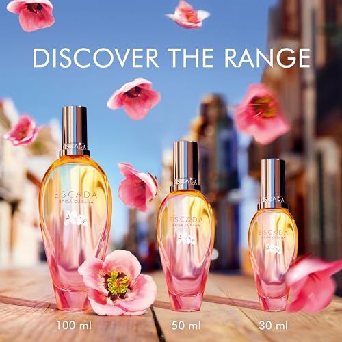 Drie flacons met kleurverloop. Opschrift: Escada Brisa Cubana. Maten: 100 ml, 50 ml, 30 ml. Roze bloemen.