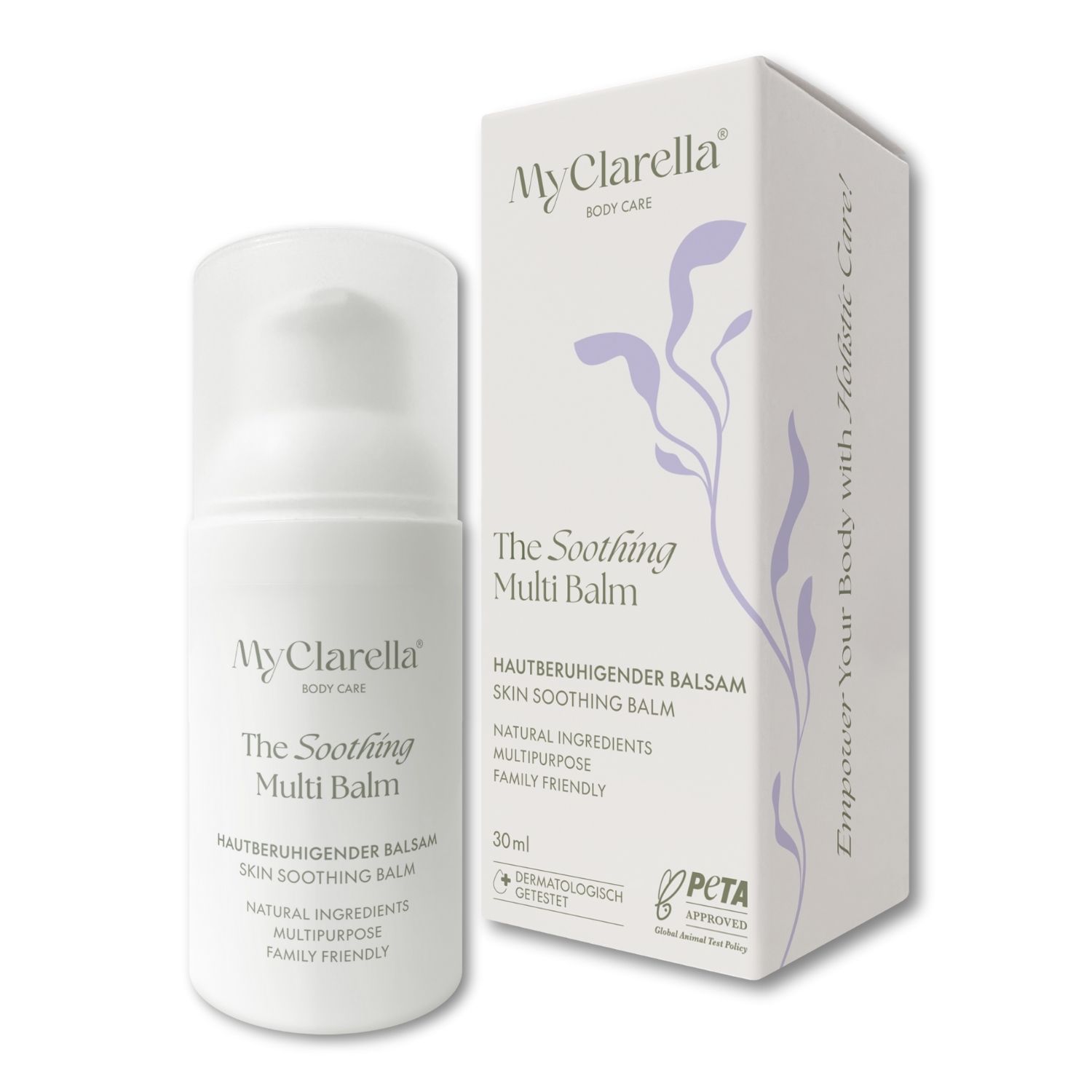 Product en verpakking. Product: The Soothing Multi Balm. Merk: MyClarella. Tekst: Huidverzachtende balsem. PETA-keurmerk.