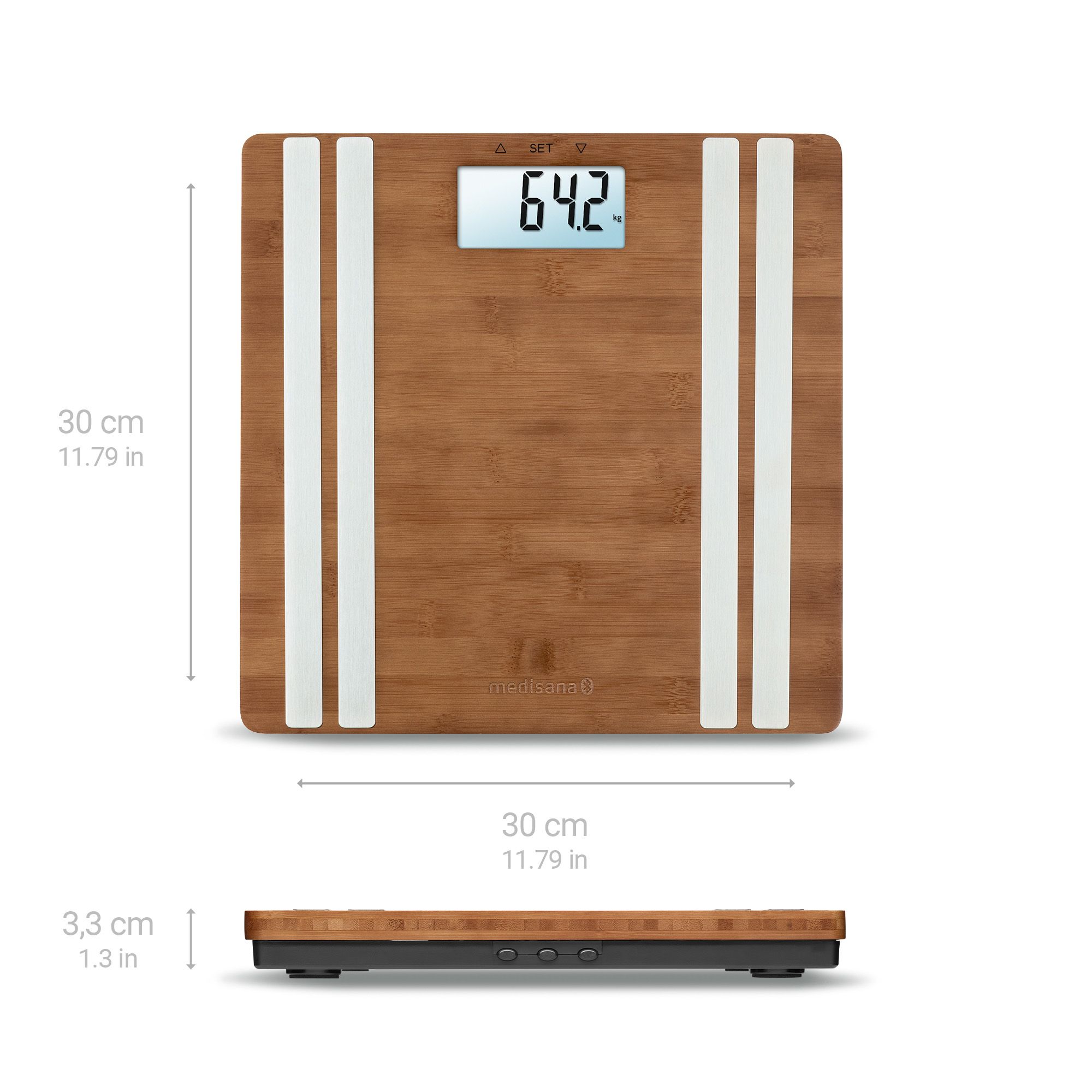 Bamboe lichaamsanalyse weegschaal (30x30x3,3cm) met display en smartphone app weergave.