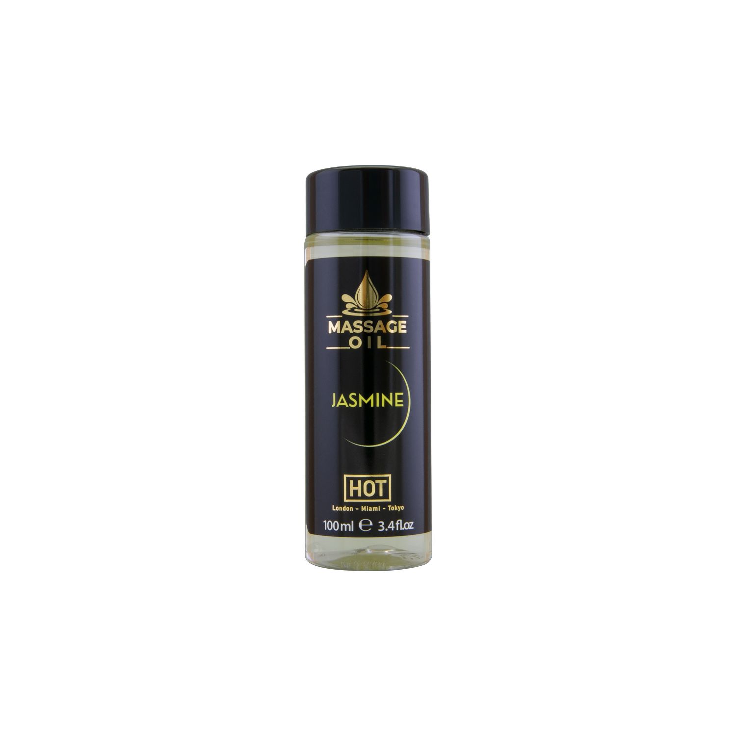 Massageolie fles. Zwarte dop, transparante fles met etiket. Tekst: Massage Oil Jasmine HOT.