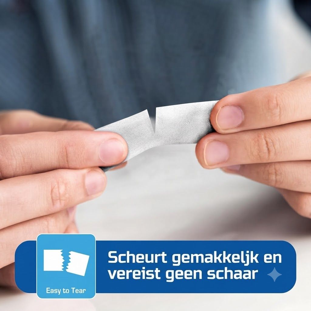 Handen scheuren een wit, rechthoekig stuk papier. Een blauw veld toont 'Easy to Tear'.