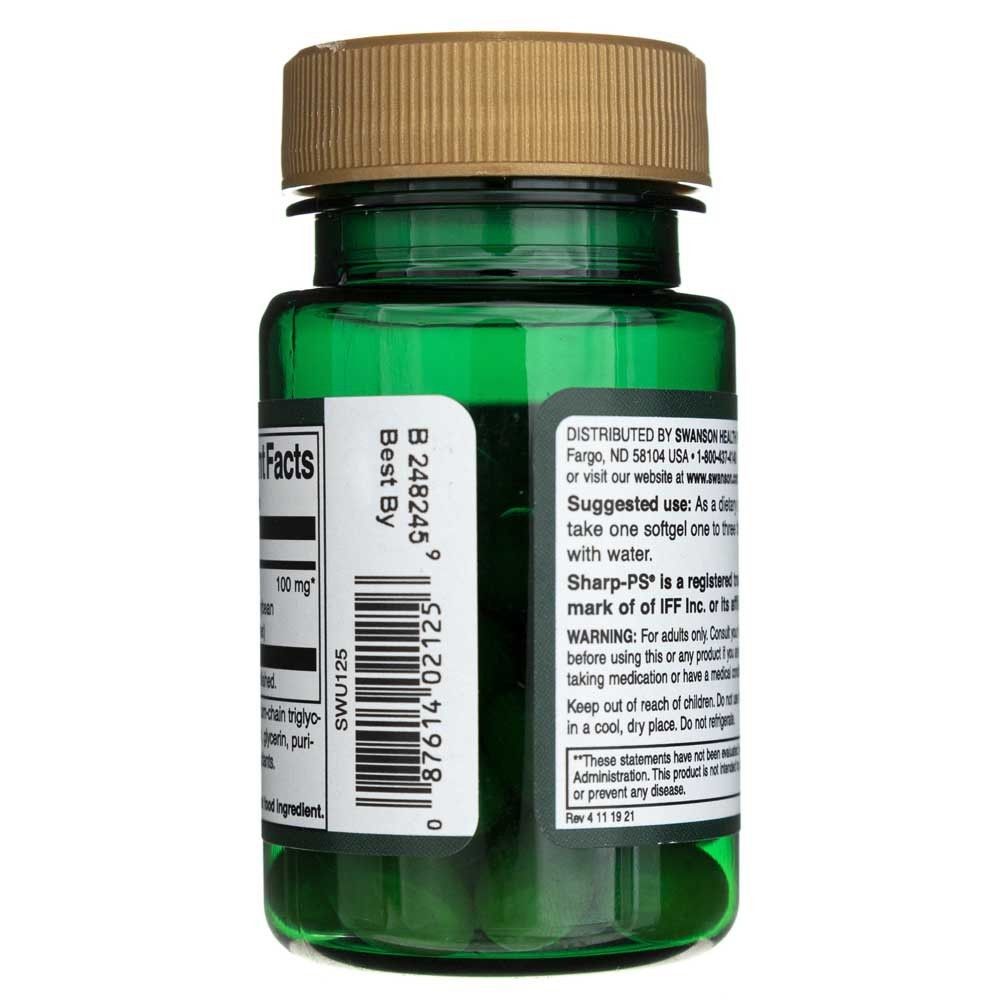 Côté d'un flacon de 100 mg de Swanson Phosphatidylserine avec code-barres et numéro de distributeur.