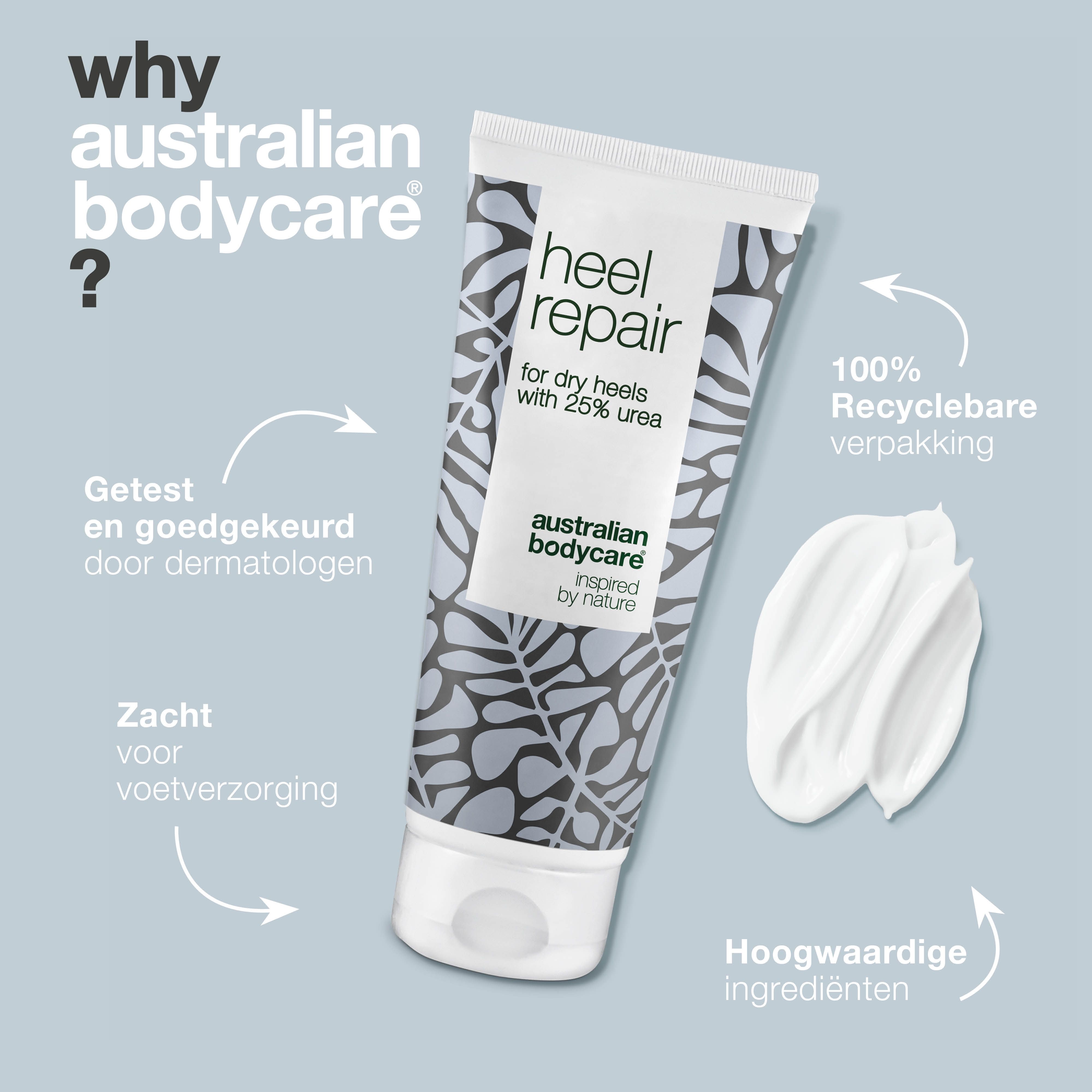 Tube Heel Repair, Australian Bodycare. Tekst: 100% recyclebare verpakking. Crème.