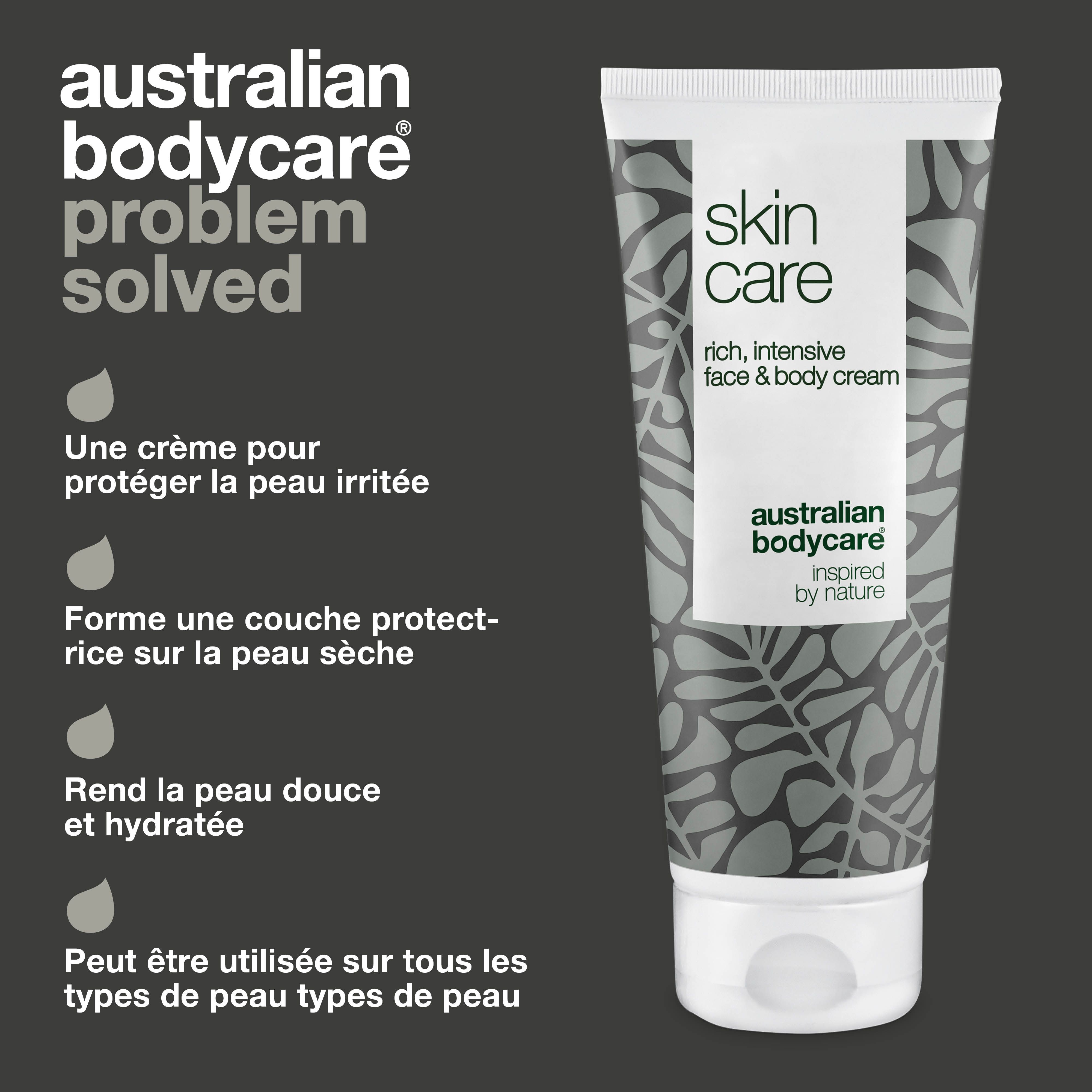 Tube de crème à côté du texte. Texte : Une crème pour protéger la peau irritée. Rend la peau douce et hydratée. Marque : Australian Bodycare.