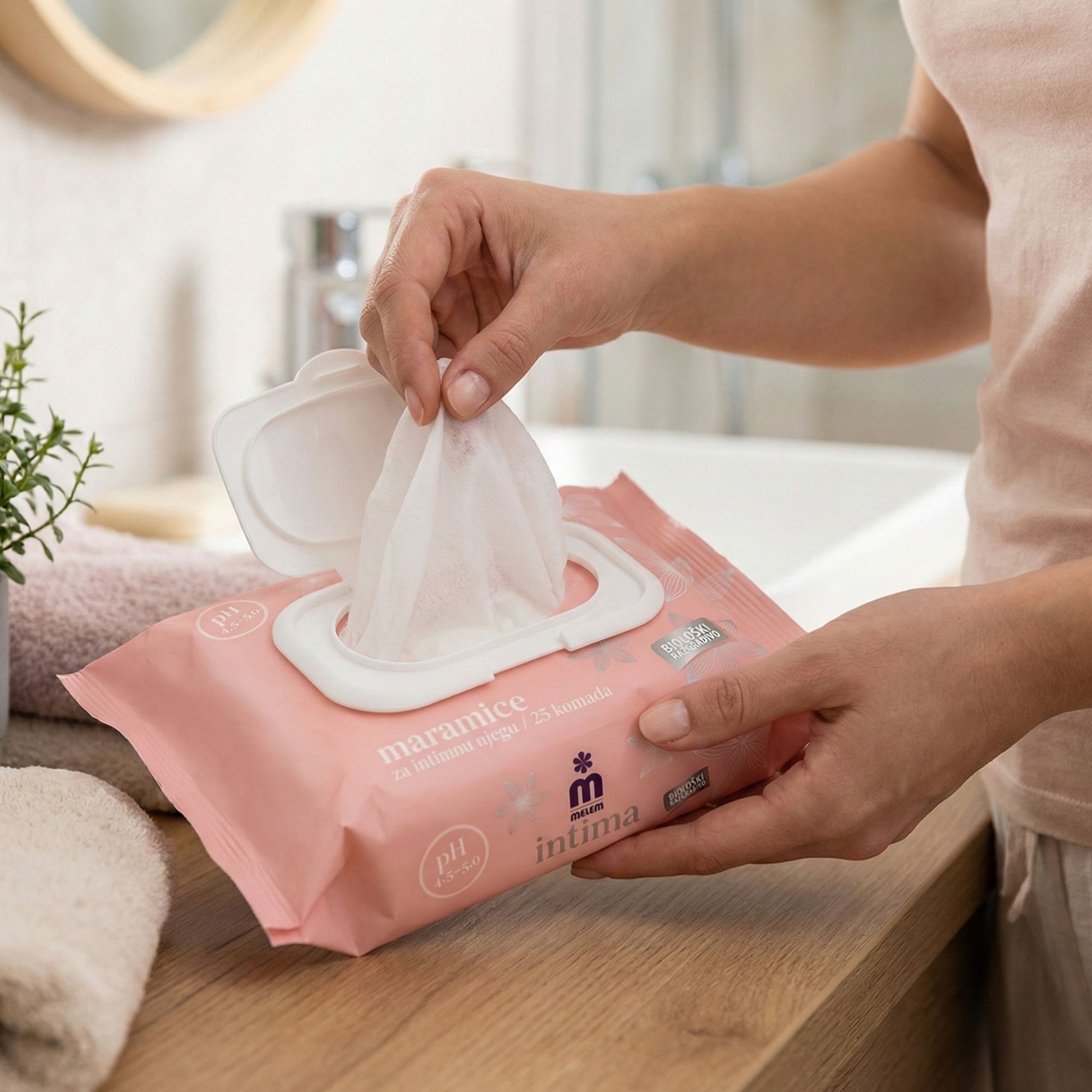 Paquet rose de lingettes humides Melem Intima. Une main ouvre le paquet et en sort une lingette.