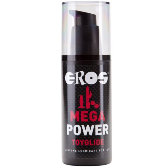 Flacon noir avec pompe et bouchon transparent. Inscription: EROS MEGA POWER TOYGLIDE. Lubrifiant silicone pour jouets.