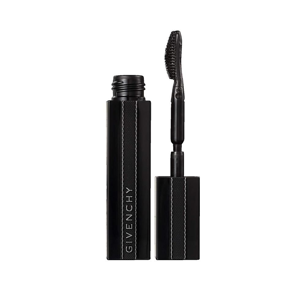 Tube de mascara noir avec brosse. Inscription Givenchy. Bandes verticales sur le tube.