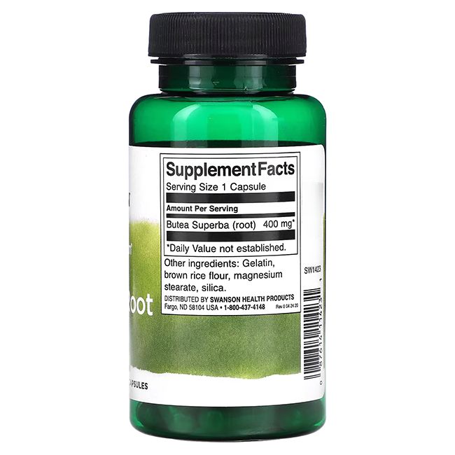 Dos d'une bouteille verte. Inscription: Supplement Facts, Butea Superba (root) 400 mg, 1 capsule.