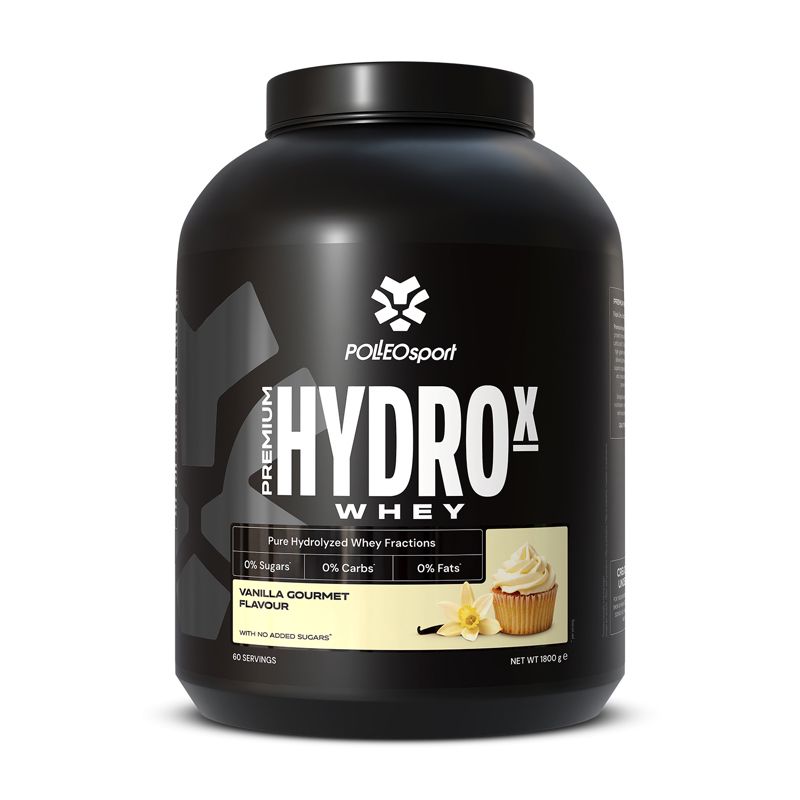 Pot noir avec impression blanche. Inscription HYDROX WHEY, logo PolleoSport. Saveur vanille. Sans sucres, glucides ni graisses.