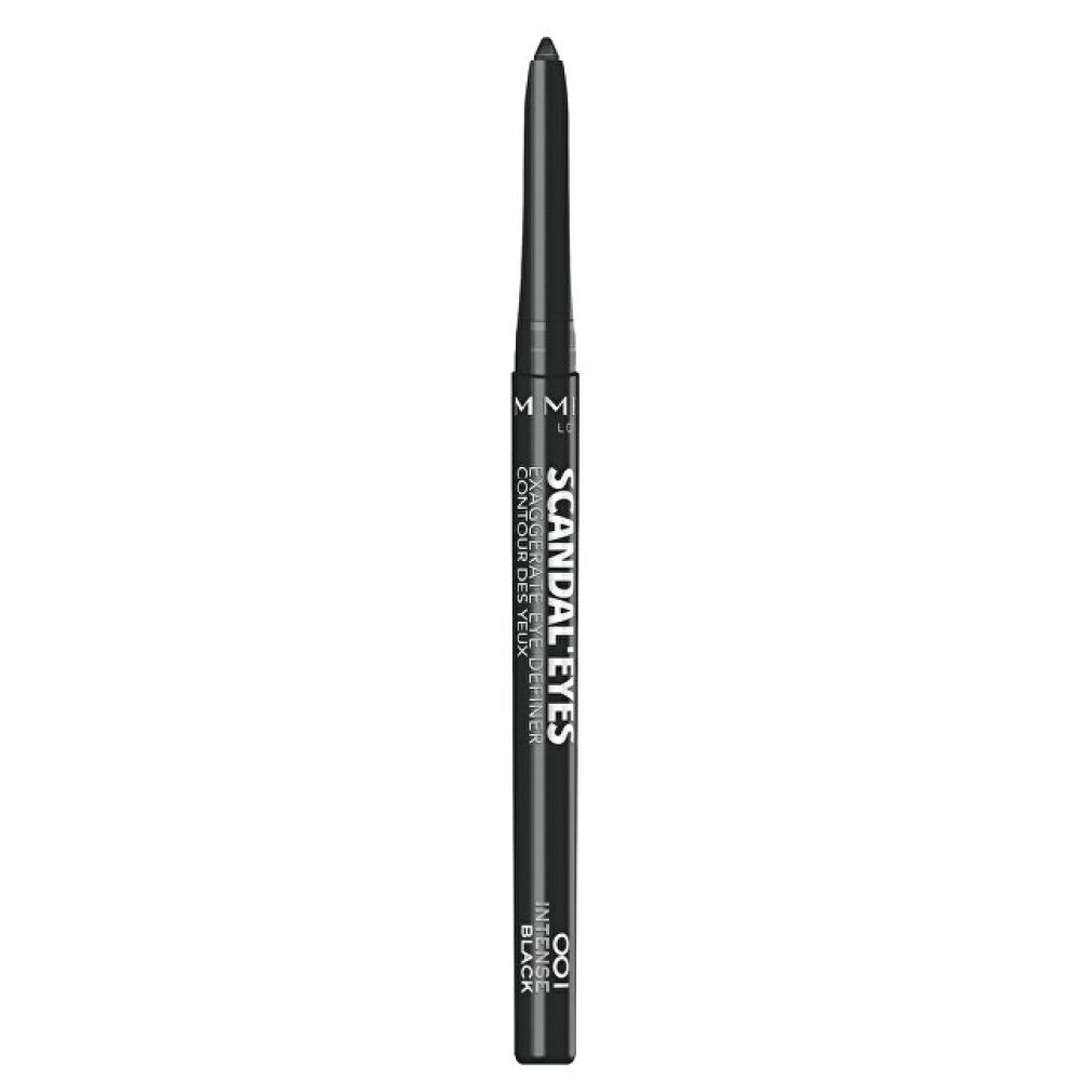 Zwarte eyeliner-stift met open dop. Opschrift: Scandal'eyes, 001 Intens zwart.