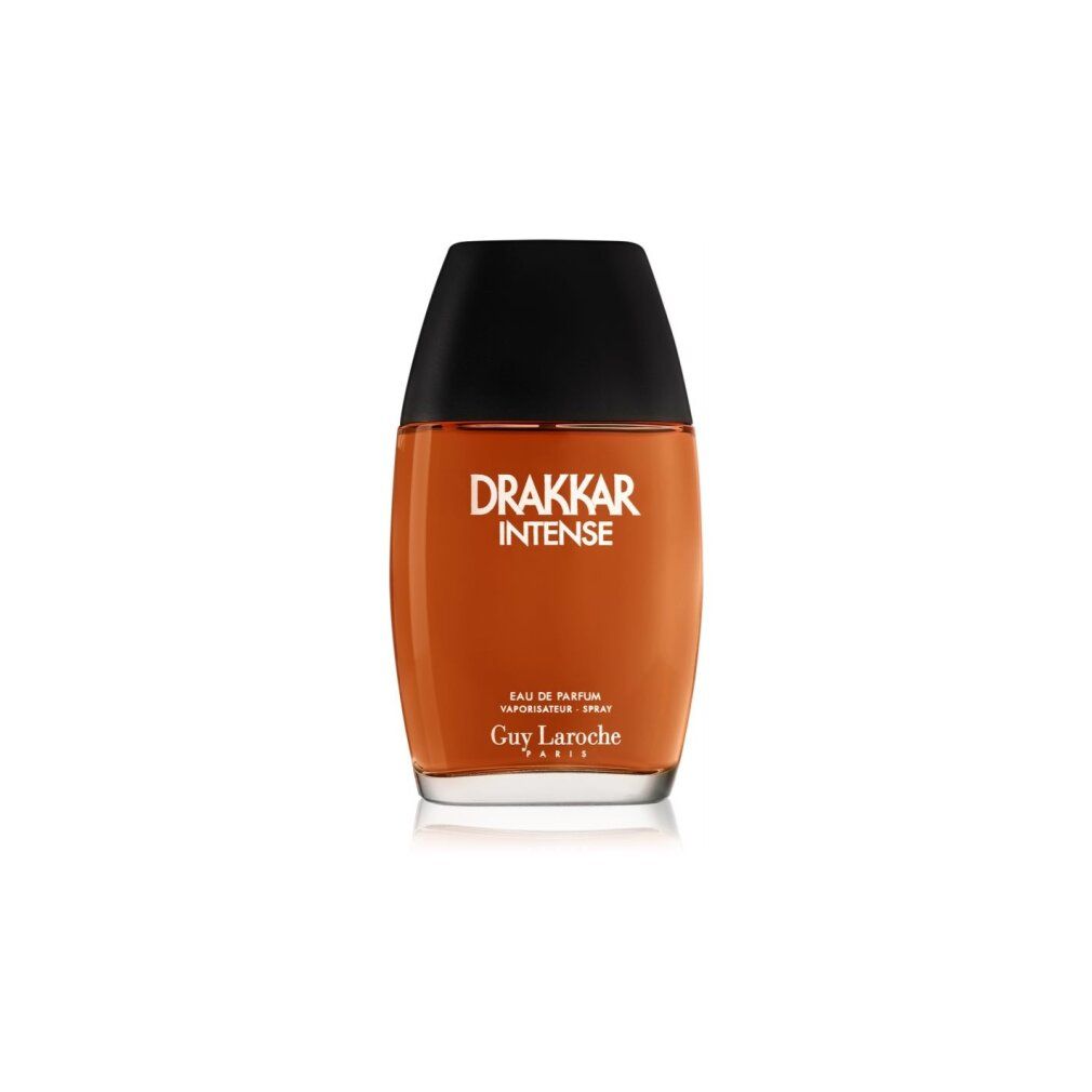 Flacon orange avec bouchon noir. Inscription: Drakkar Intense, Eau de Parfum, Guy Laroche.