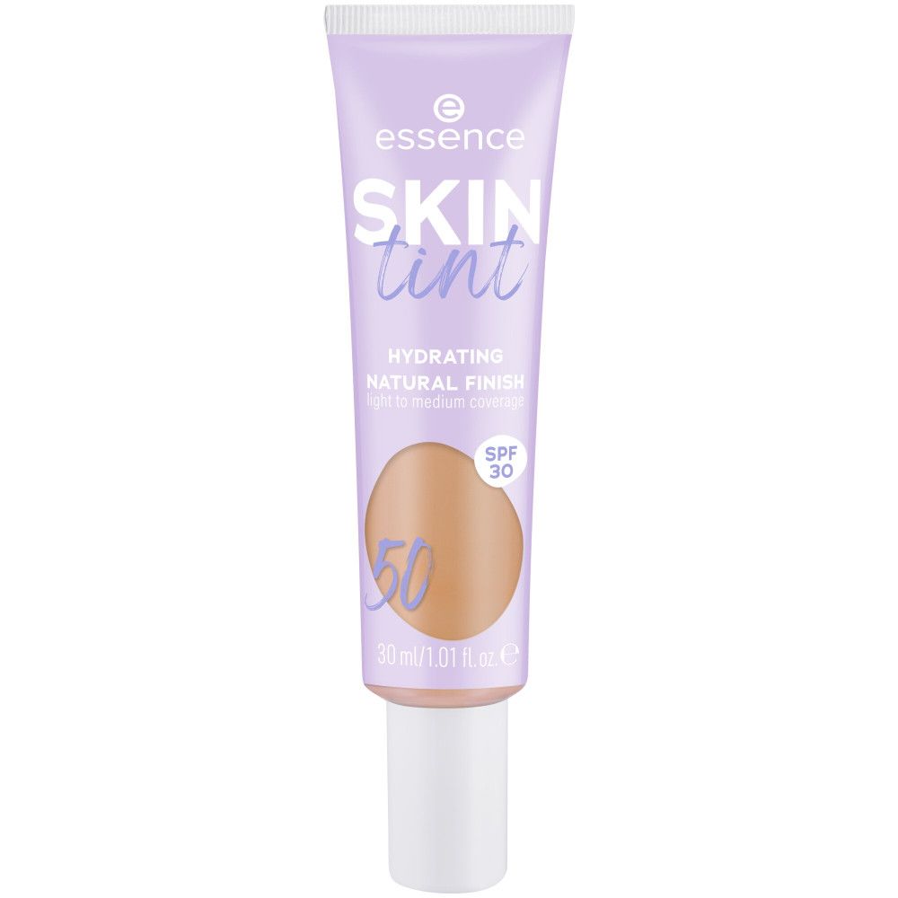 Tube lilas avec bouchon blanc. Inscription: Essence Skin Tint, Hydrating Natural Finish, SPF 30. Teinte 50.