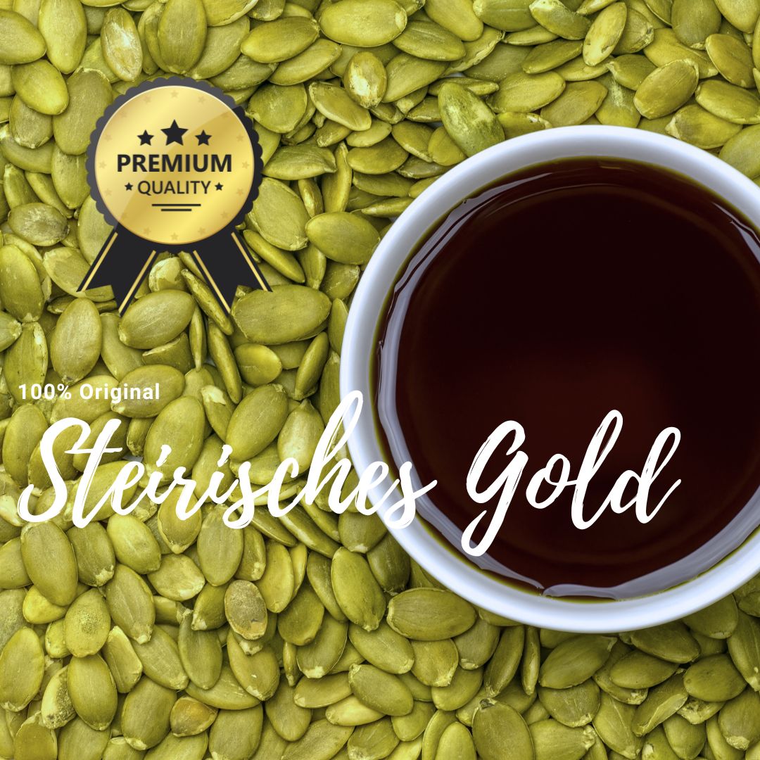 Bol d'huile sur graines de courge. Texte "Steirisches Gold". Label "Premium Quality". Texte "100% Original".