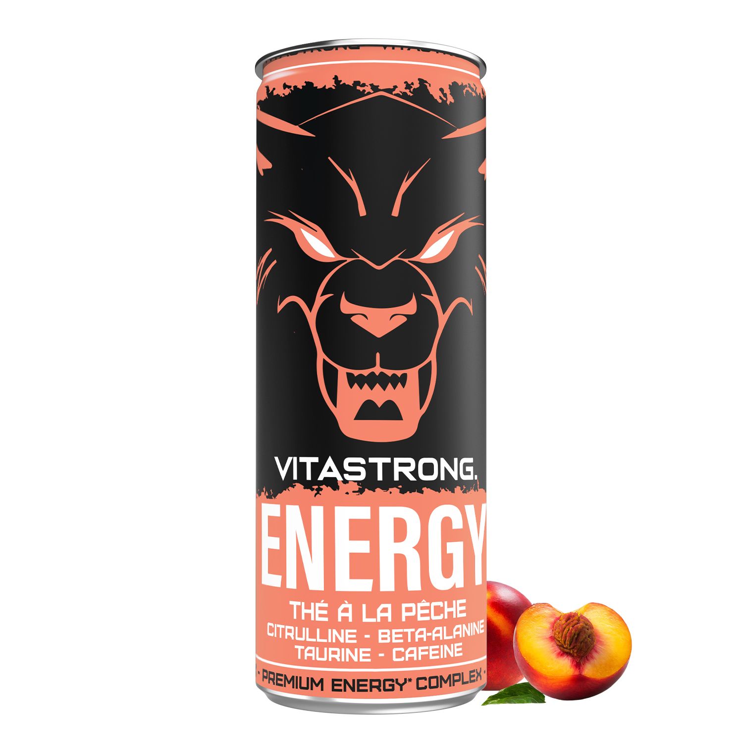 Blikje perzikt thee. Tekst: Energy, Tè alla Pesca, Premium Energy Complex. Afbeelding: perzik.