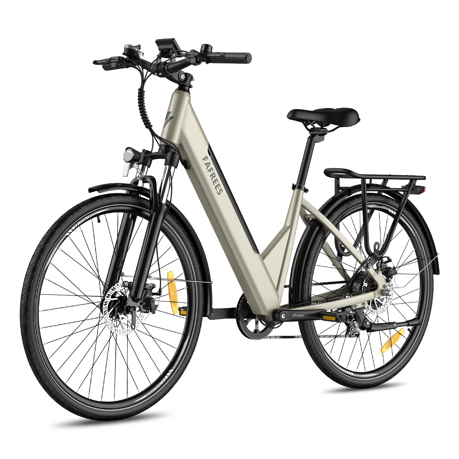 Vélo électrique Fafrees F28 Pro beige, détails noirs. Porte-bagages, garde-boue, pneus CST. Marque visible.