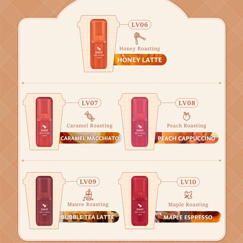 Aperçu des couleurs des rouges à lèvres teintés. Les produits sont représentés dans des tasses. Texte: LV06, LV07, LV08, LV09, LV10.