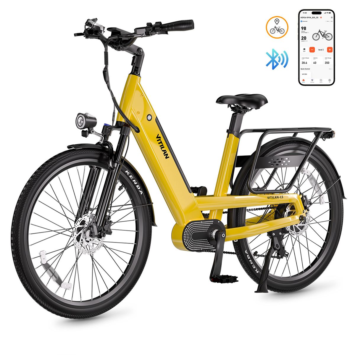 Vélo électrique Vitilan L5 jaune avec application smartphone. Pneus noirs, porte-bagages, phare. Symbole Bluetooth.