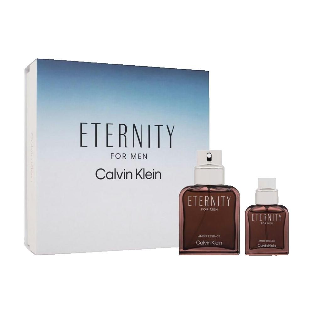 Geschenkset met twee flacons. Opschrift: Eternity For Men, Calvin Klein. Rechthoekige flacons, bruine vloeistof.