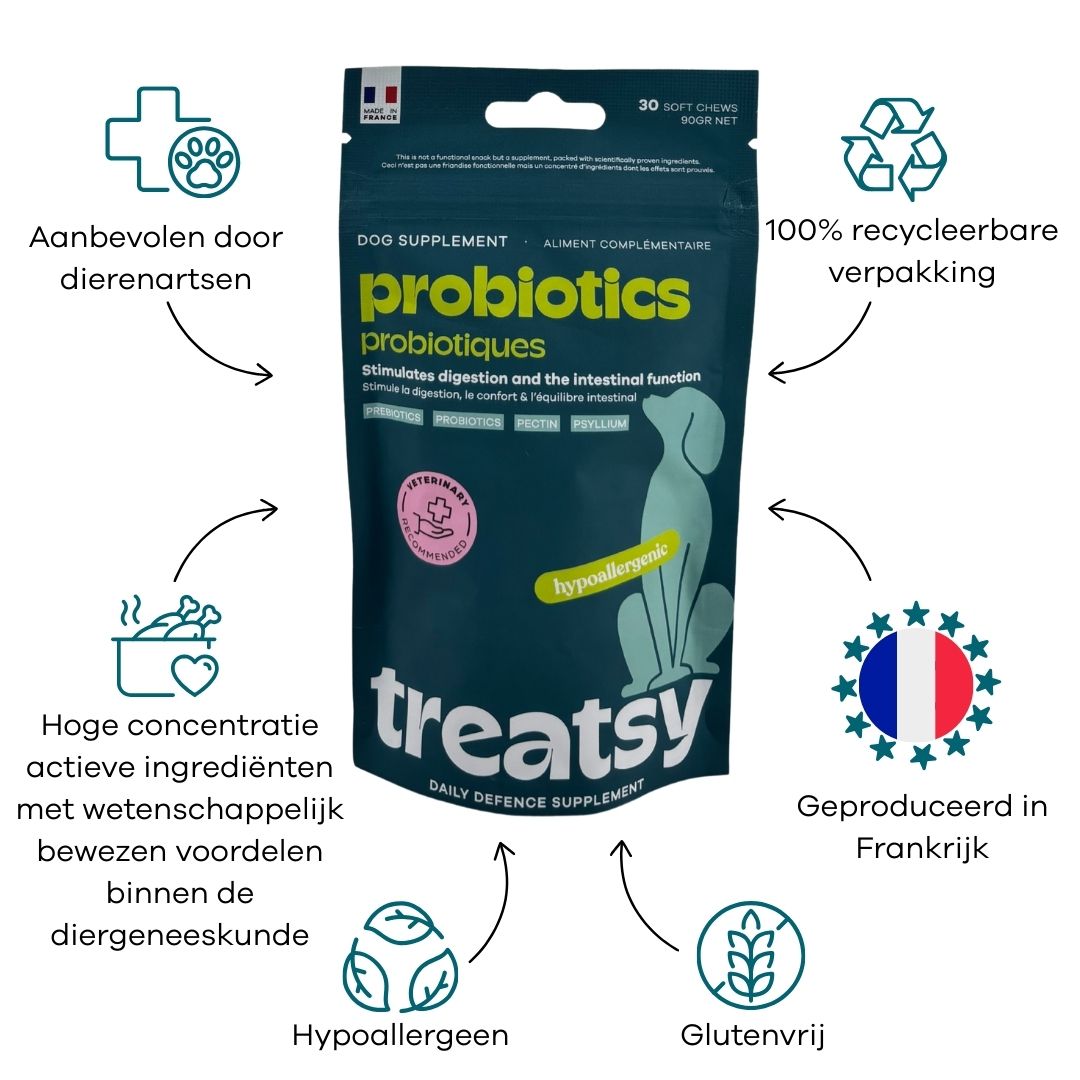 Zakje probiotica voor honden. 30 zachte kauwsnacks. Hypoallergeen, glutenvrij. Gemaakt in Frankrijk. 100% recyclebaar.