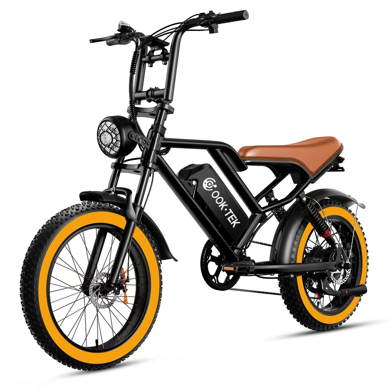 Zwarte e-bike met bruin zadel en gele banden. OOK-TEK logo op frame. Koplamp en brede banden.
