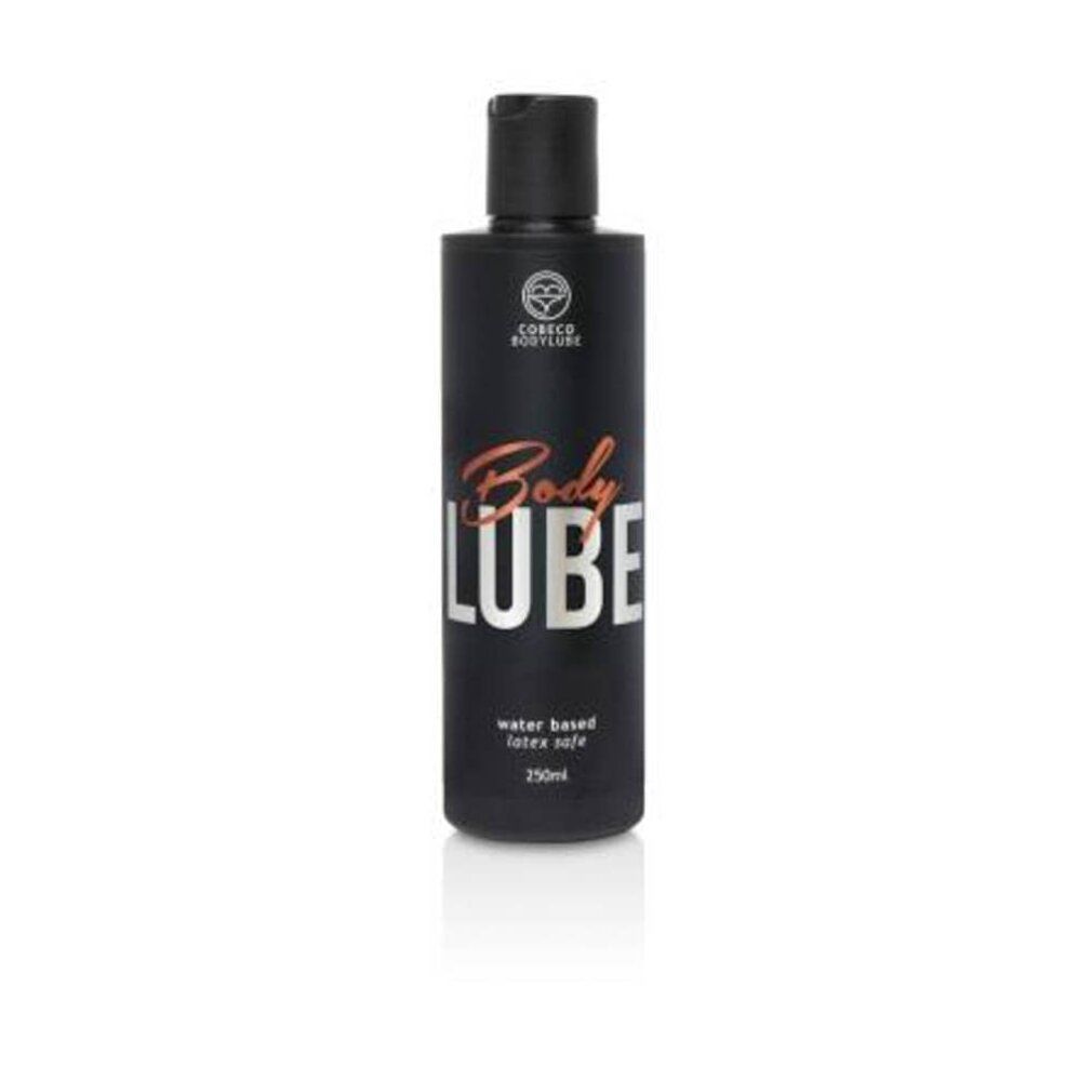 Zwarte fles met Cobeco Bodylube opschrift, 250ml.