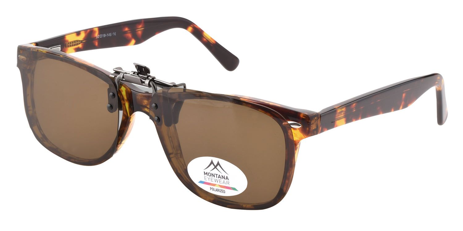 Montana Eyewear Tofino clip-on zonnebril. Bruine glazen, bruin montuur. Logo.