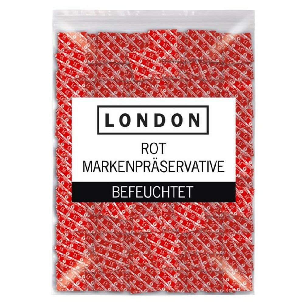 Verpakking met veel rode condoomverpakkingen. Opschrift: LONDON ROT MARKENPRÄSERVATIVE BEFEUCHTET.