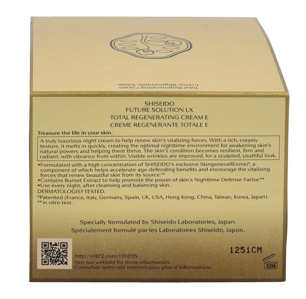 Achterkant van de gouden doos. Meertalige tekst. Logo bovenaan. Tekst: Dermatologisch getest.