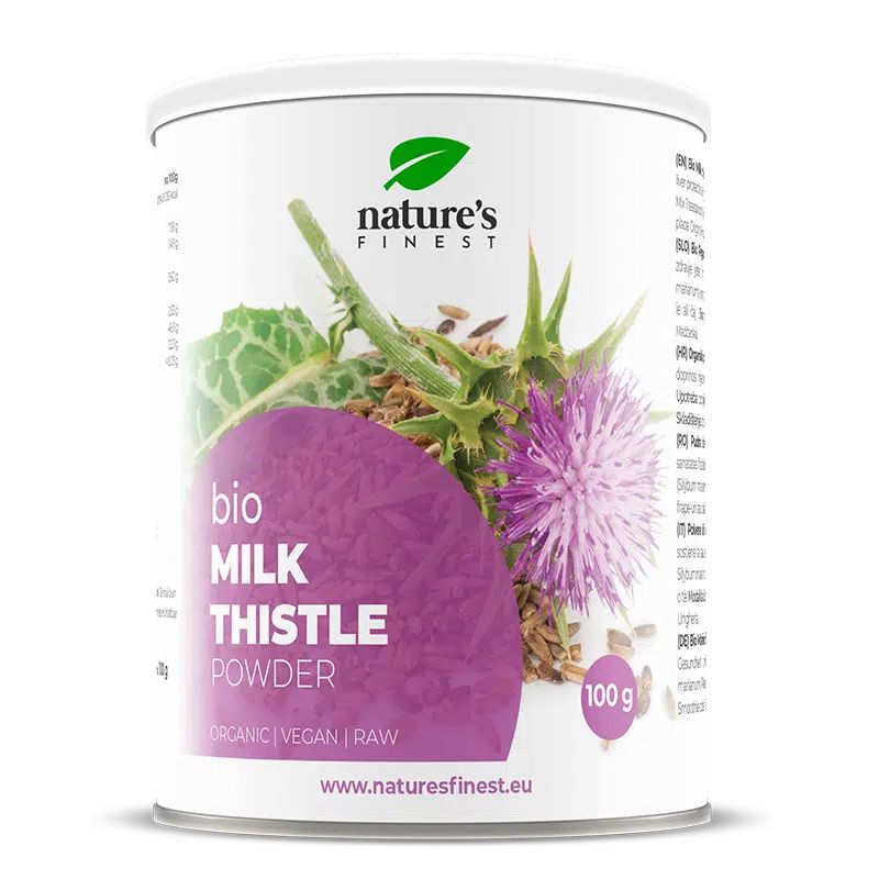 Nature's Finest Bio Mariadistel Poeder in witte blik, 100g. Met afbeelding van de plant en zaden.