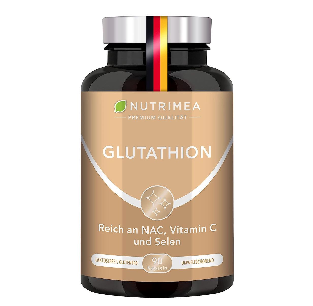 Bruine fles met capsules. Opschrift: GLUTATHION, Rijk aan NAC, vitamine C en selenium. 90 capsules. Merk: Nutrimea.
