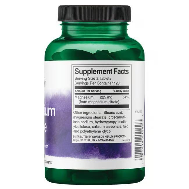 Dos du flacon vert. Étiquette avec informations nutritionnelles. Contient du citrate de magnésium. Liste des ingrédients.