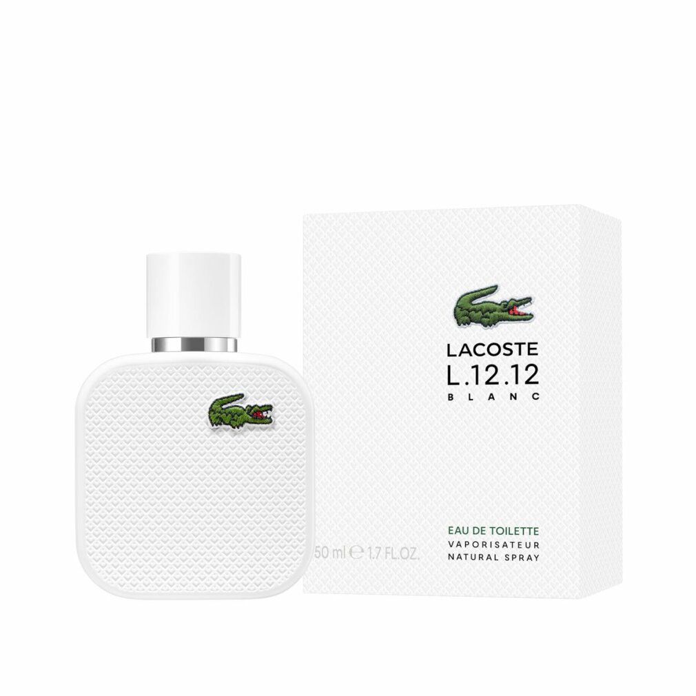 Flacon et boîte blancs. Logo crocodile vert. Texte: Lacoste L.12.12 Blanc, Eau de Toilette, 50 ml.
