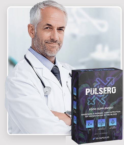Arts met stethoscoop naast Pulsero-verpakking. Zwarte verpakking met witte tekst. Bevat 10 capsules. Bevat zink, fenegriekextract en damianabladextract.