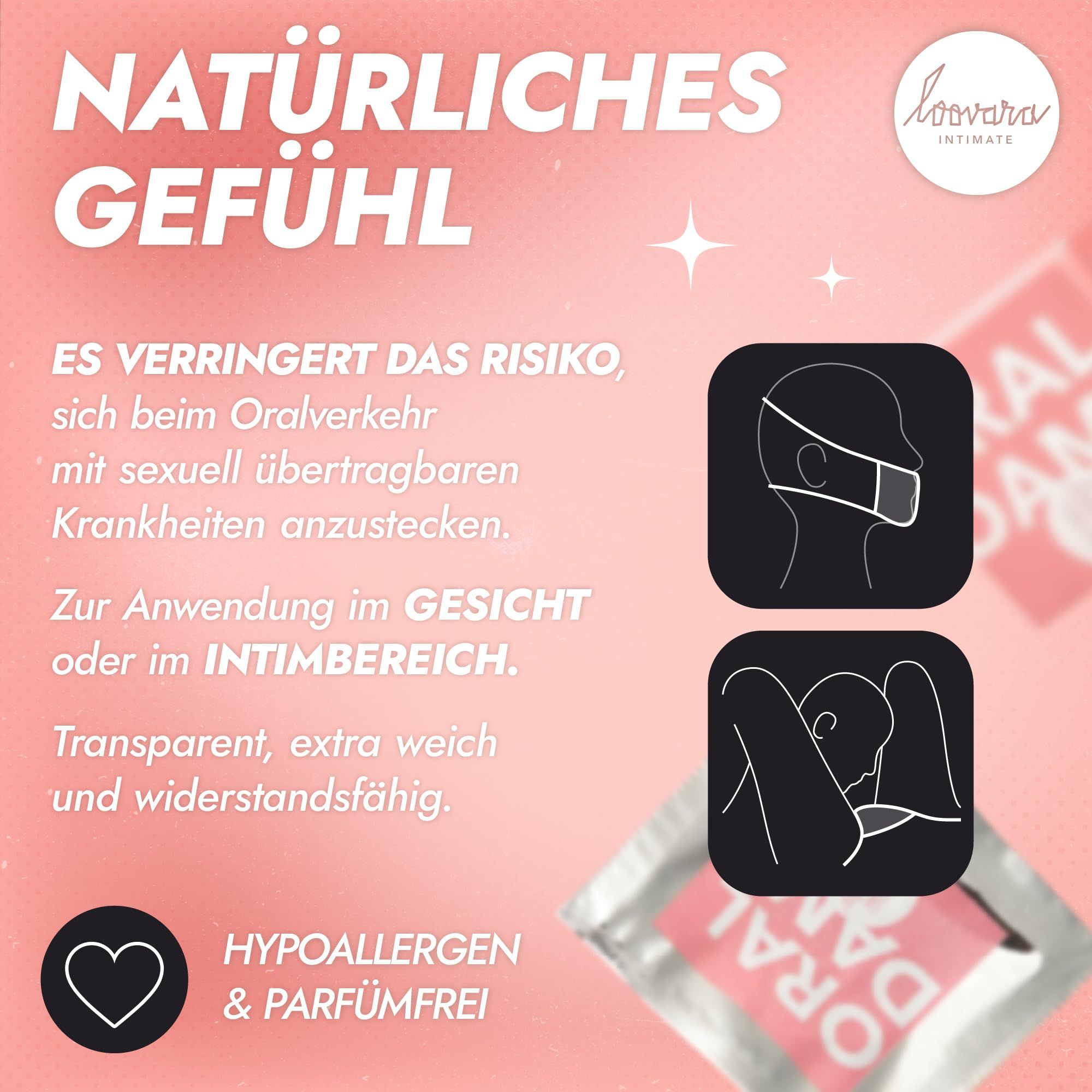 Loovara Oral Dams : Transparent, extra doux, hypoallergénique, sans parfum. Réduit le risque d'IST.
