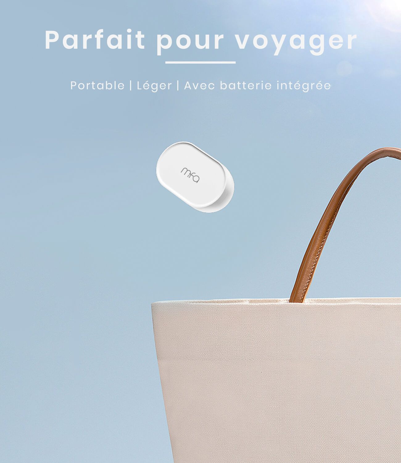 Appareil de nettoyage à ultrasons blanc, ovale, avec logo "mfa". Dans un sac à main. Texte : Parfait pour voyager.