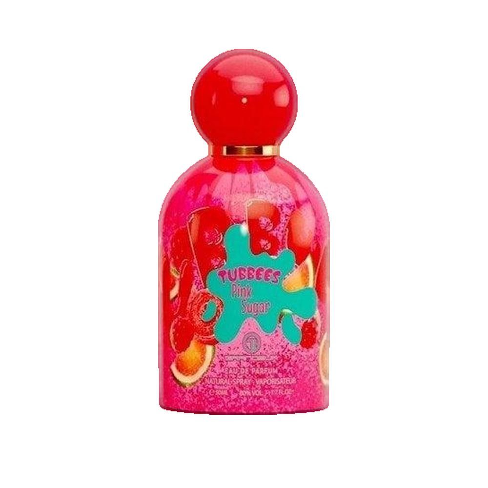Flacon rose avec bouchon rouge. Inscription: TUBBEES Pink Sugar. Motifs fruités. Col doré.