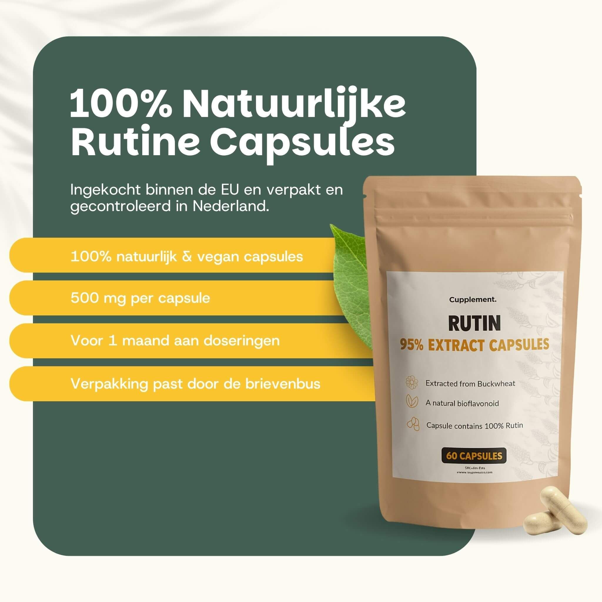 Zakje met capsules. Tekst: 100% natuurlijke & vegan capsules. 500 mg per capsule. Voor 1 maand.