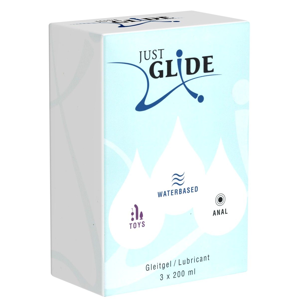 Emballage JUST GLIDE gel lubrifiant, 3x 200 ml, avec symboles Toys, Waterbased et Anal.