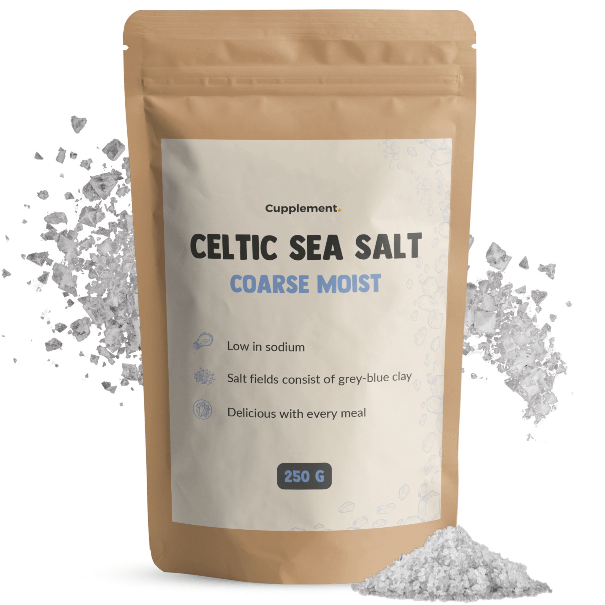 Zakje Cupplement Celtic Sea Salt, grof, vochtig. Tekst: Laag in natrium, zoutvelden bestaan uit grijs-blauwe klei, heerlijk.