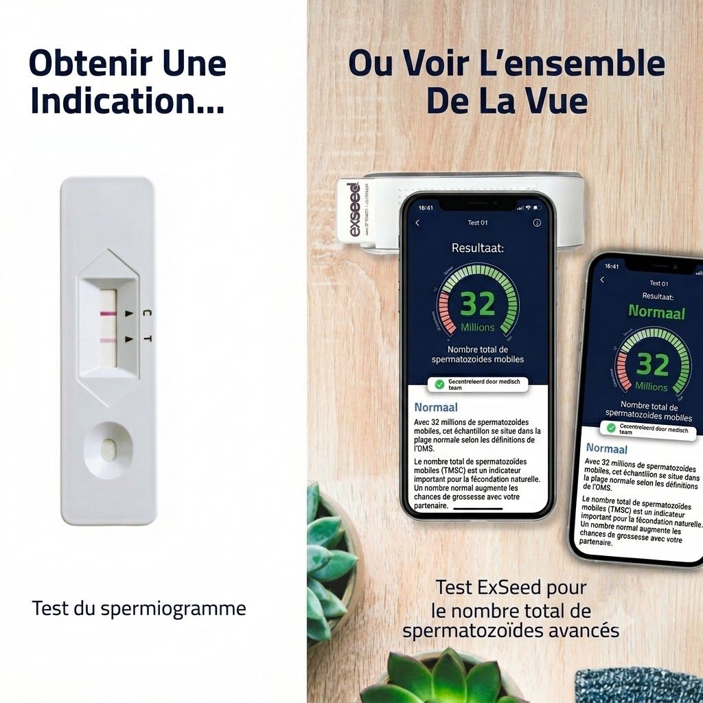Une bandelette de test de spermiogramme blanche avec deux lignes rouges dans la fenêtre de résultat.